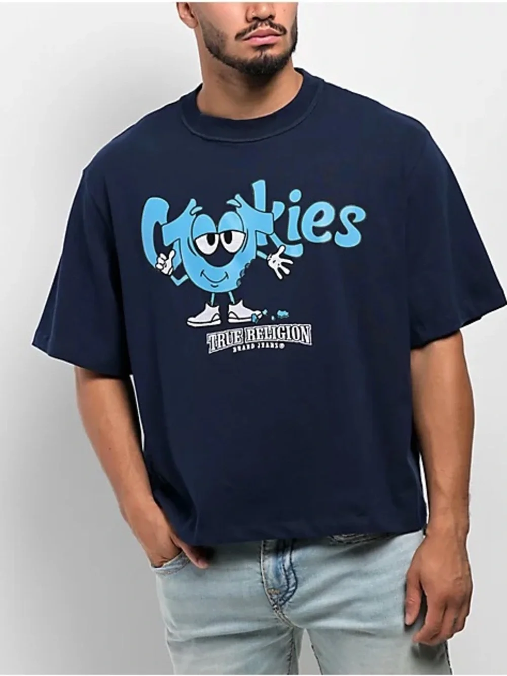 True Religion Navy Tee with Light Blue 'Cookies' Graphic